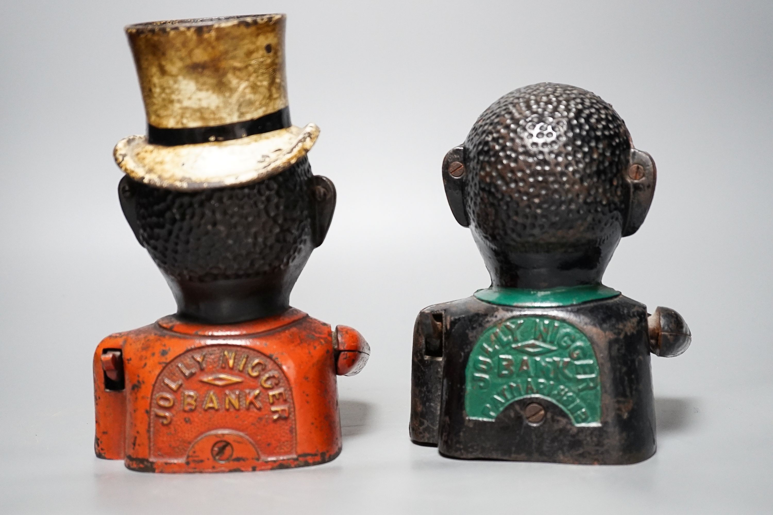Two 19th century American painted cast iron money banks, tallest 21 cm